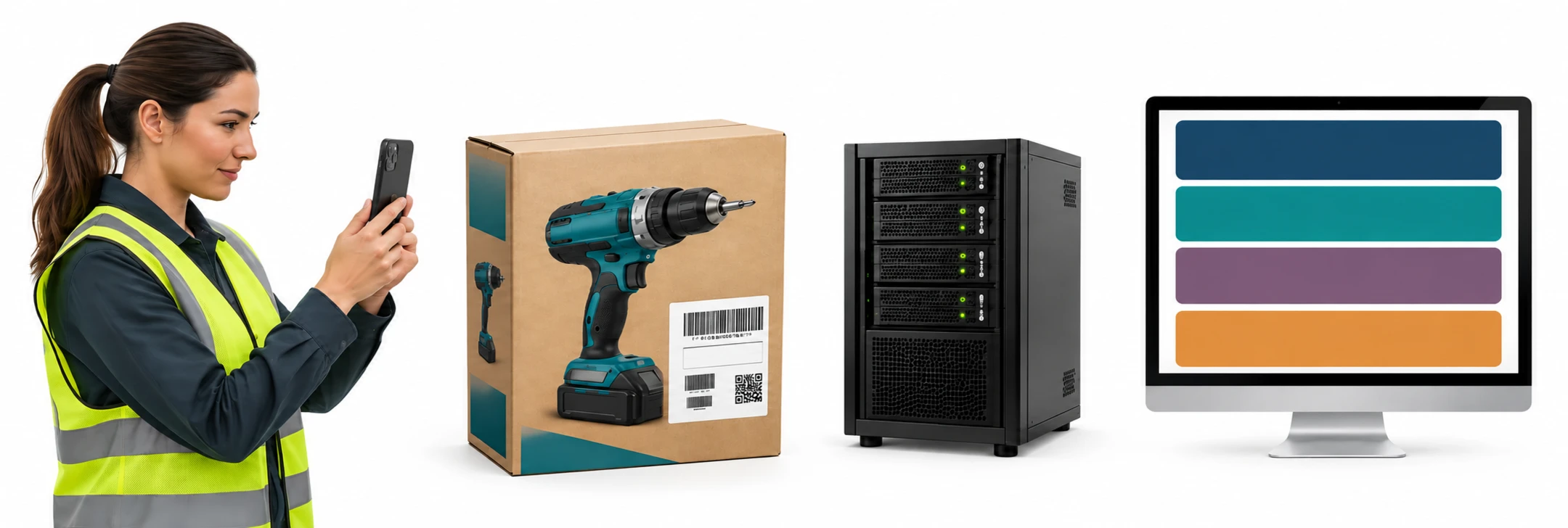 Diagram with a warehouse worker, a physical product, AItek Inventory and a core business system