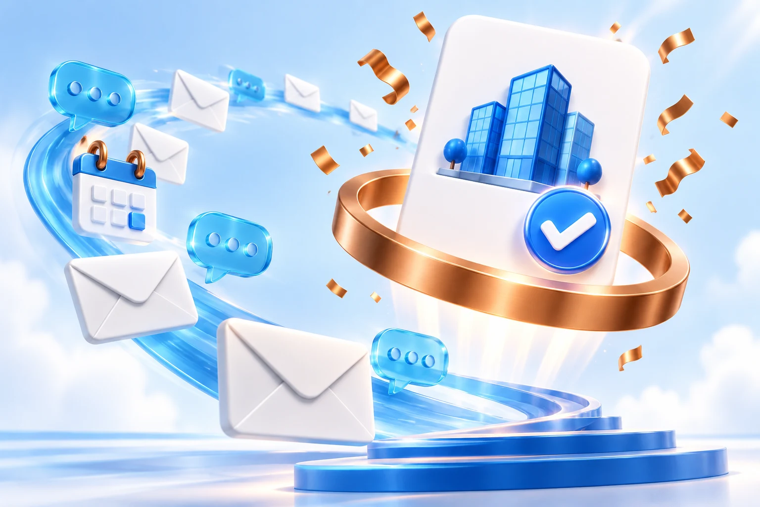 A company card earns a blue check badge amid flying envelopes and copper confetti