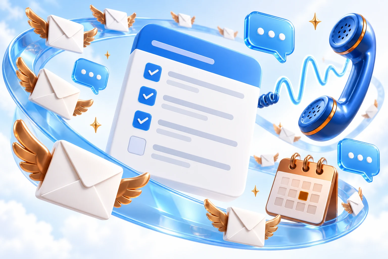 Flying envelopes, floating SMS bubbles and a blue telephone orbit a task card
