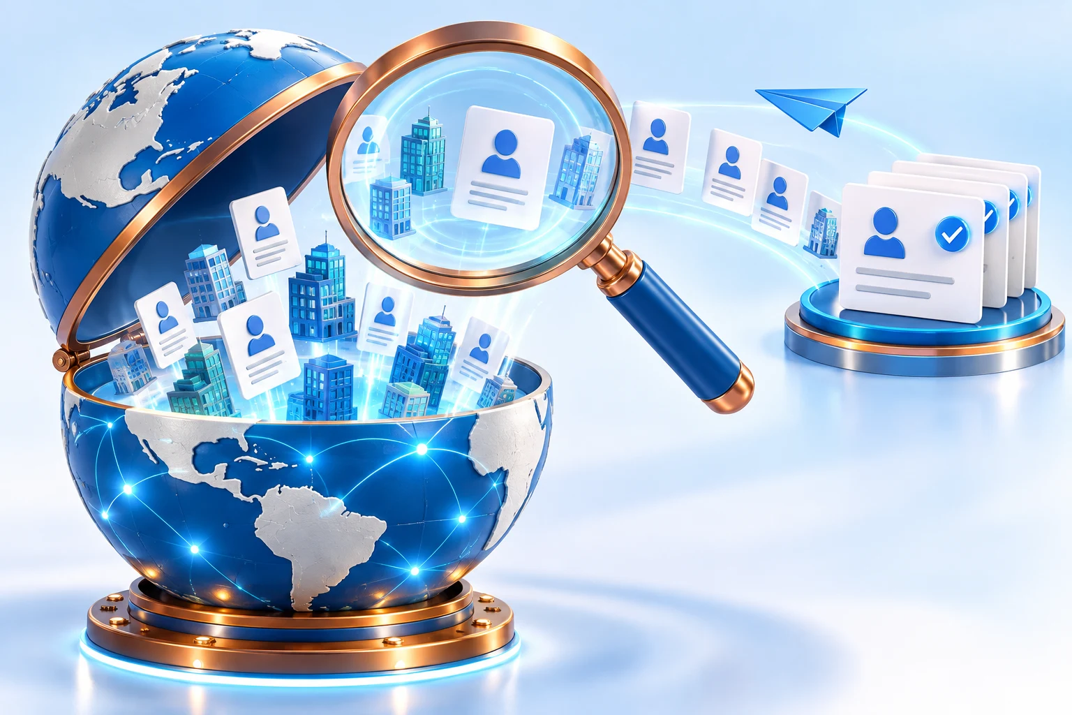 A copper magnifying glass discovers company profiles on a blue globe